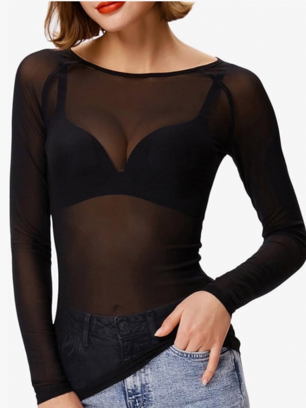 Black Sheer Mesh Long Sleeve Crewneck Top